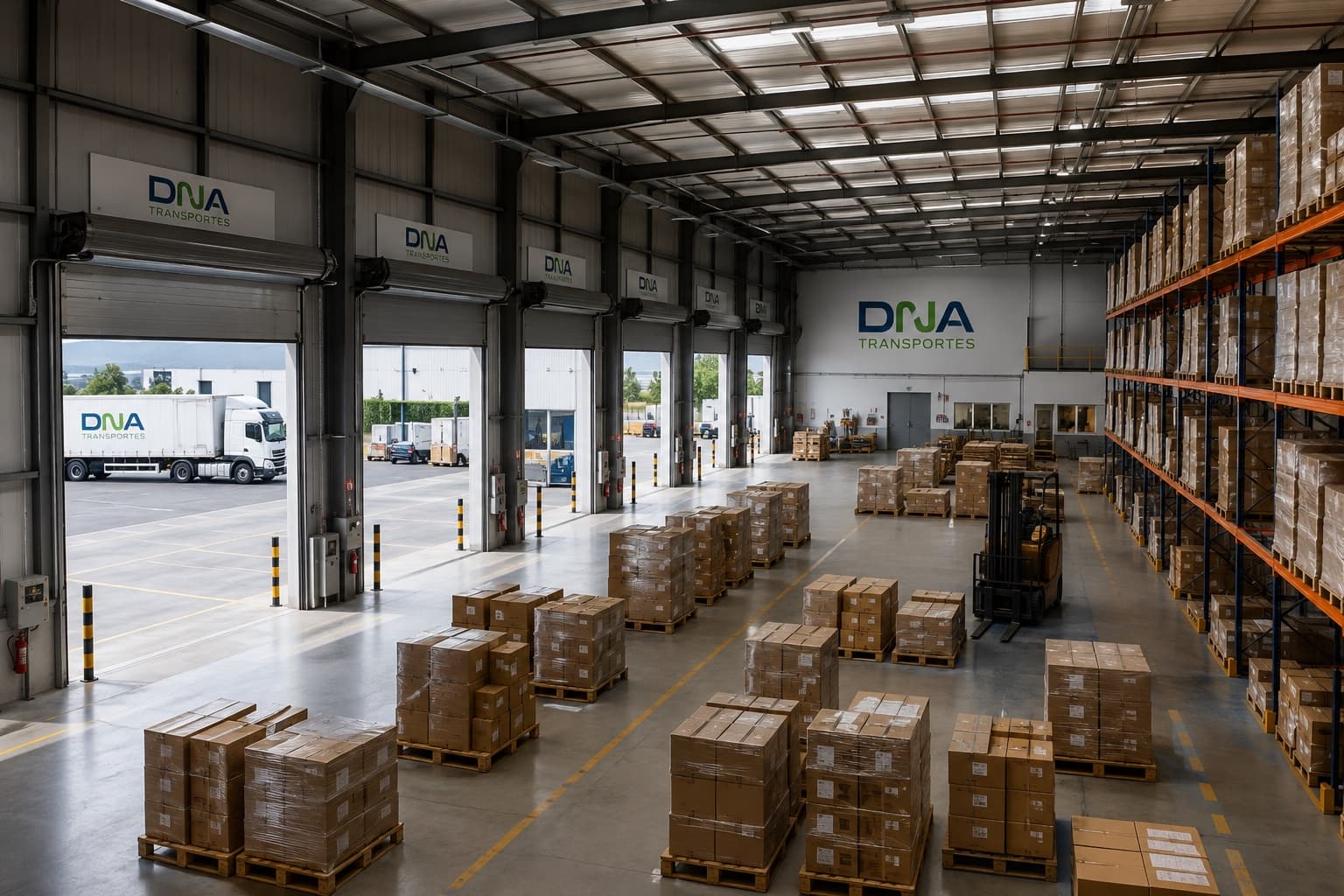 Centro de distribuição da Dna Air Cargo, com docas de carregamento, paletes e estruturas porta-paletes